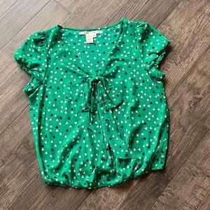 Green V-Neck Blouse with Hearts Size Medium